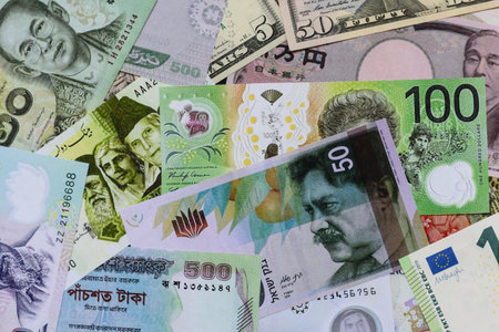 Money background, currency exchange, paper banknotes from different countries. Money cash currency...