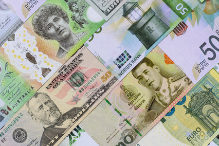 Money background, currency exchange, paper banknotes from different countries. Money cash currency...