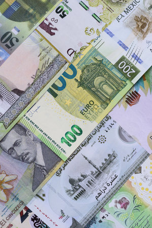 Money background, currency exchange, paper banknotes from different countries. Money cash currency...