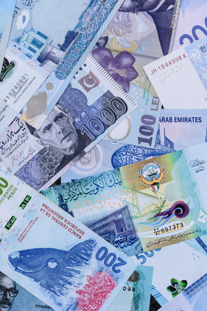 Money background, currency exchange, paper banknotes from different countries. Money cash currency...