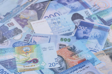 Money background, currency exchange, paper banknotes from different countries. Money cash currency...