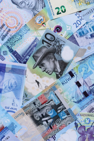 Money background, currency exchange, paper banknotes from different countries. Money cash currency...