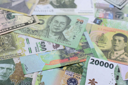Money background, currency exchange, paper banknotes from different countries. Money cash currency...
