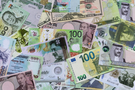 Money background, currency exchange, paper banknotes from different countries. Money cash currency...