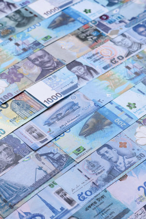 Money background, currency exchange, paper banknotes from different countries. Money cash currency...