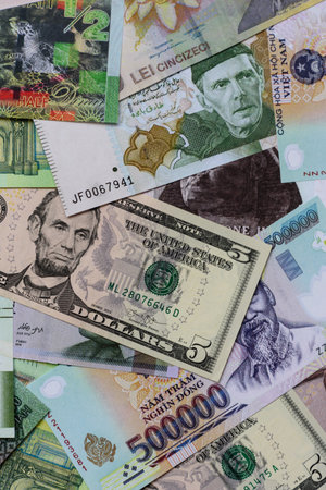 Money background, currency exchange, paper banknotes from different countries. Money cash currency as a financial background for your designの写真素材