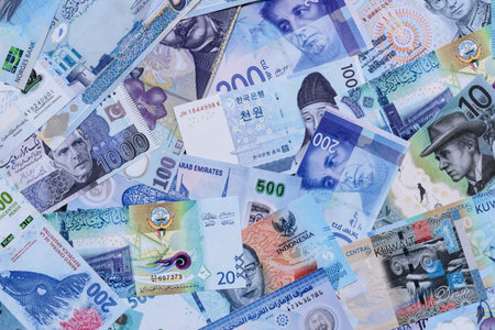 Money background, currency exchange, paper banknotes from different countries. Money cash currency...