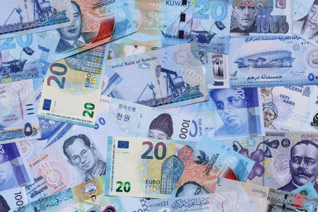 Money background, currency exchange, paper banknotes from different countries. Money cash currency...