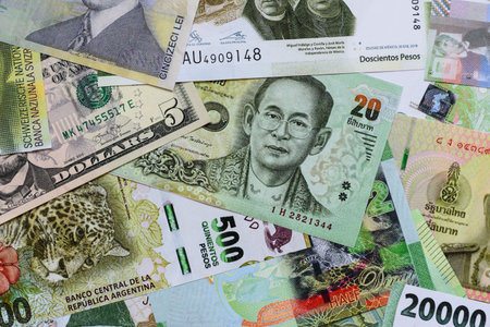 Money background, currency exchange, paper banknotes from different countries. Money cash currency as a financial background for your designの写真素材