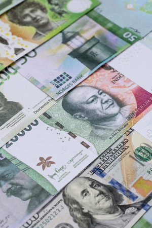 Money background, currency exchange, paper banknotes from different countries. Money cash currency...