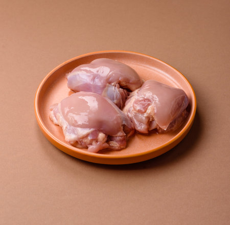 Chicken thigh fillet, skinless and boneless meat for grilling or barbecue. Chicken thigh fillet as a food background for your designの写真素材