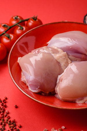 Chicken thigh fillet, skinless and boneless meat for grilling or barbecue. Chicken thigh fillet as a food background for your designの写真素材