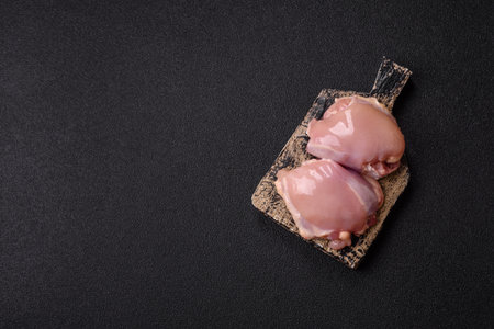 Chicken thigh fillet, skinless and boneless meat for grilling or barbecue. Chicken thigh fillet as a food background for your designの写真素材