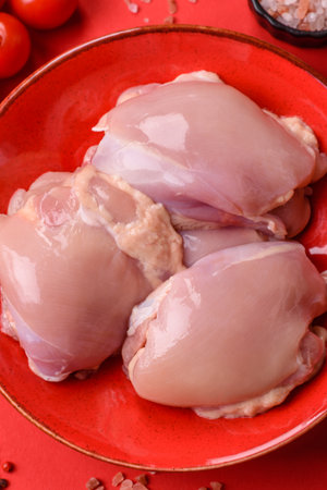 Chicken thigh fillet, skinless and boneless meat for grilling or barbecue. Chicken thigh fillet as a food background for your designの写真素材