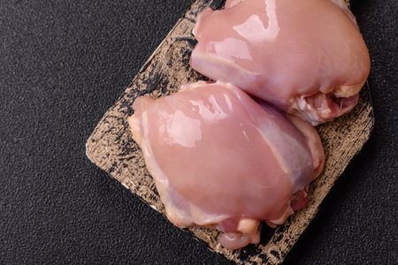 Chicken thigh fillet, skinless and boneless meat for grilling or barbecue. Chicken thigh fillet as a food background for your designの写真素材