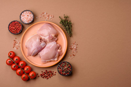 Chicken thigh fillet, skinless and boneless meat for grilling or barbecue. Chicken thigh fillet as a food background for your designの写真素材