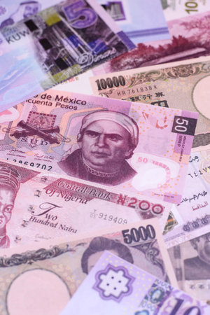 Money background, currency exchange, paper banknotes from different countries. Money cash currency as a financial background for your designの写真素材