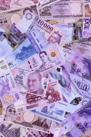 Money background, currency exchange, paper banknotes from different countries. Money cash currency...