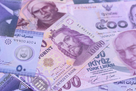 Money background, currency exchange, paper banknotes from different countries. Money cash currency...