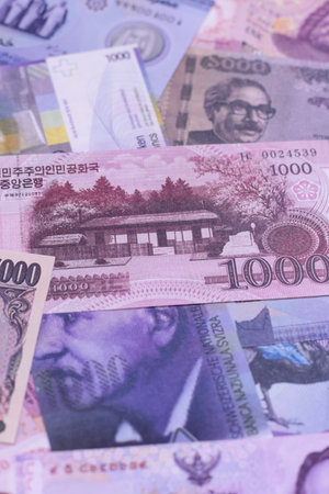 Money background, currency exchange, paper banknotes from different countries. Money cash currency as a financial background for your designの写真素材