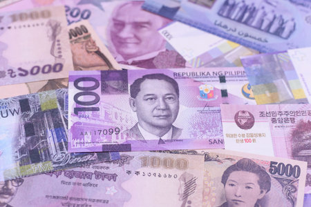Money background, currency exchange, paper banknotes from different countries. Money cash currency as a financial background for your designの写真素材