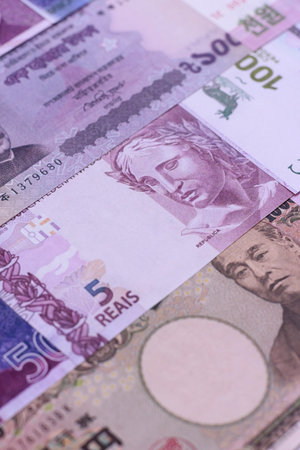 Money background, currency exchange, paper banknotes from different countries. Money cash currency as a financial background for your designの写真素材