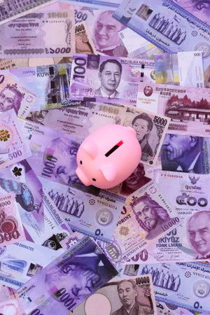 Money background, currency exchange, paper banknotes from different countries. Money cash currency...