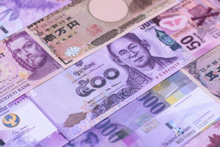 Money background, currency exchange, paper banknotes from different countries. Money cash currency as a financial background for your designの写真素材