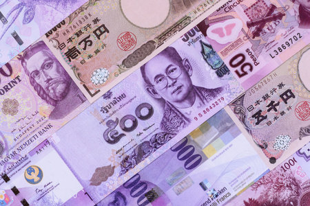 Money background, currency exchange, paper banknotes from different countries. Money cash currency as a financial background for your designの写真素材