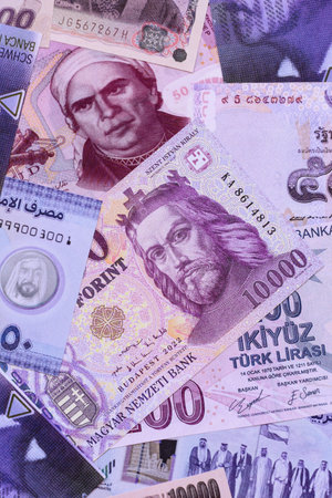 Money background, currency exchange, paper banknotes from different countries. Money cash currency as a financial background for your designの写真素材