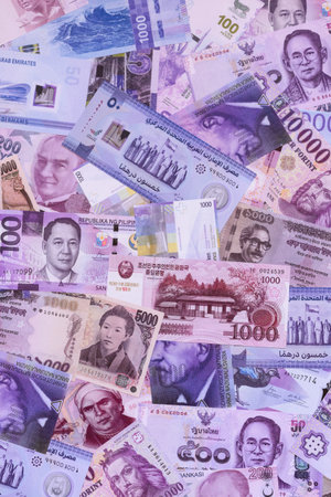 Money background, currency exchange, paper banknotes from different countries. Money cash currency...
