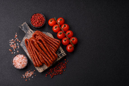 Smoked cabanossi, thin salami sausage, meat sticks, or snacks. Cabanossi sausage as a food background for your design.の写真素材