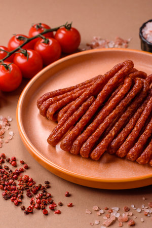 Smoked cabanossi, thin salami sausage, meat sticks, or snacks. Cabanossi sausage as a food background for your design.の写真素材