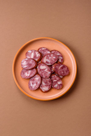 Smoked salami, thin beef or pork sausage, meat snacks. Salami sausage as a food background for your designの写真素材