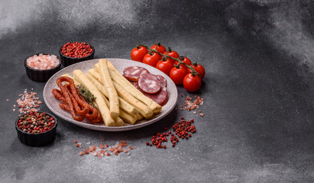 Grissini breadsticks, an Italian wheat pastry, are a great lunch snack. Grissini breadsticks as a...