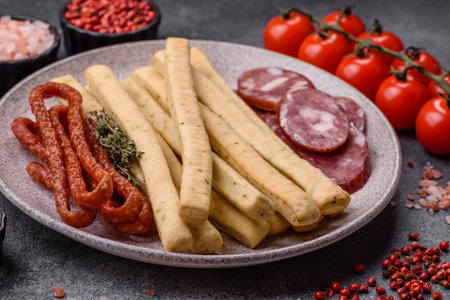 Grissini breadsticks, an Italian wheat pastry, are a great lunch snack. Grissini breadsticks as a food background for your designの写真素材