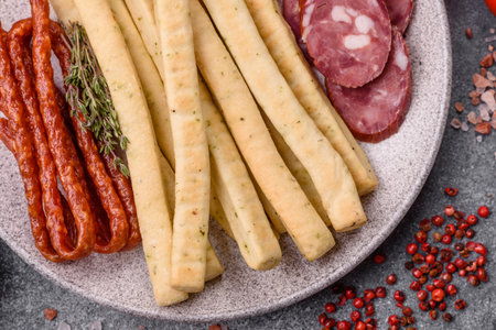 Grissini breadsticks, an Italian wheat pastry, are a great lunch snack. Grissini breadsticks as a food background for your designの写真素材