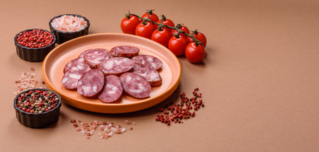 Smoked salami, thin beef or pork sausage, meat snacks. Salami sausage as a food background for your designの写真素材