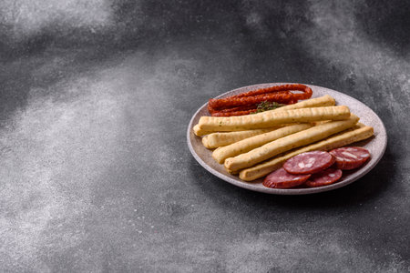 Grissini breadsticks, an Italian wheat pastry, are a great lunch snack. Grissini breadsticks as a food background for your designの写真素材