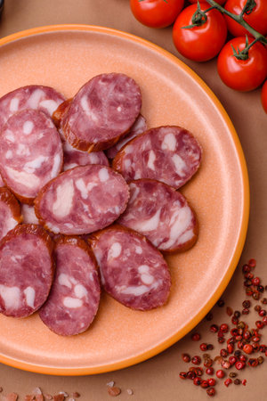 Smoked salami, thin beef or pork sausage, meat snacks. Salami sausage as a food background for your...