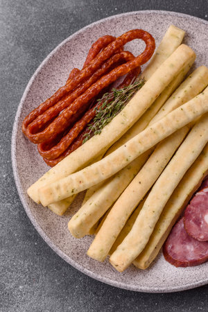 Grissini breadsticks, an Italian wheat pastry, are a great lunch snack. Grissini breadsticks as a...