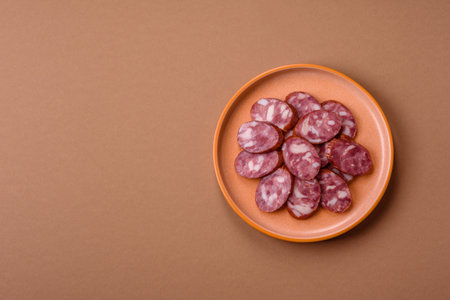 Smoked salami, thin beef or pork sausage, meat snacks. Salami sausage as a food background for your designの写真素材