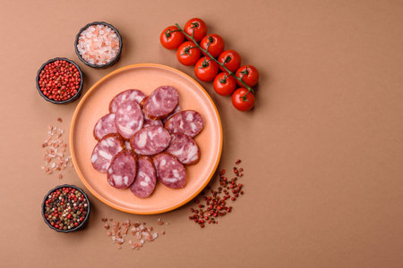 Smoked salami, thin beef or pork sausage, meat snacks. Salami sausage as a food background for your designの写真素材