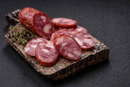 Smoked salami, thin beef or pork sausage, meat snacks. Salami sausage as a food background for your...