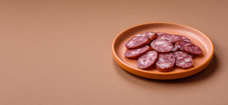 Smoked salami, thin beef or pork sausage, meat snacks. Salami sausage as a food background for your designの写真素材