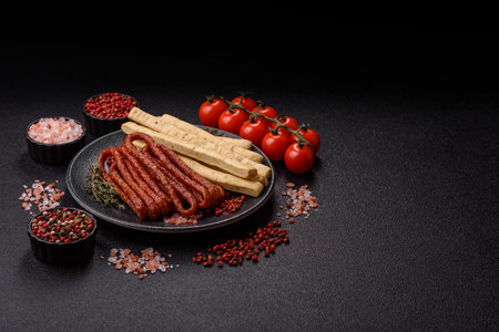 Grissini breadsticks, an Italian wheat pastry, are a great lunch snack. Grissini breadsticks as a food background for your designの写真素材