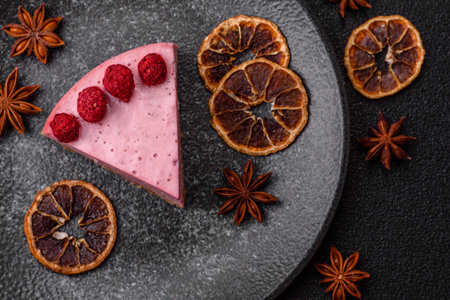 Raspberry or strawberry cheesecake, a slice of sweet red cake with berries. Raspberry cheesecake as a food background for your design.の写真素材
