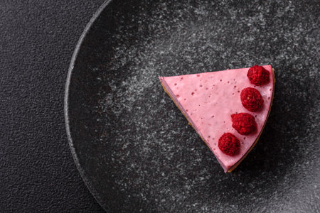 Raspberry or strawberry cheesecake, a slice of sweet red cake with berries. Raspberry cheesecake as...