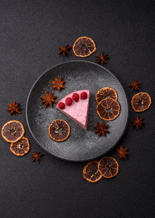 Raspberry or strawberry cheesecake, a slice of sweet red cake with berries.