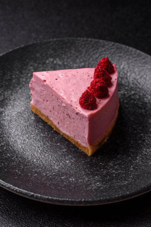 Raspberry or strawberry cheesecake, a slice of sweet red cake with berries. Raspberry cheesecake as a food background for your design.の写真素材